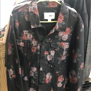 Fashion Nova Black and Red Lightweight Floral Trucker Jacket